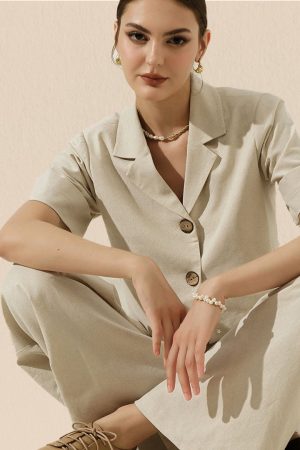 Beige Cropped Lapel Blouse
