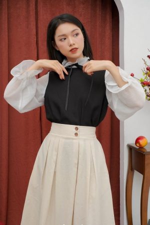 Black and White Bow Neck Blouse