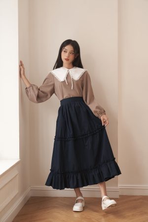 Brown Blouse with White Lace Collar
