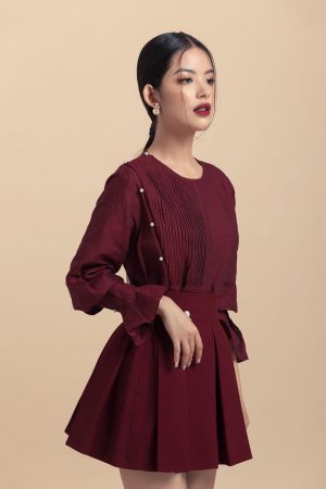 Burgundy Pintuck Long Sleeve Blouse