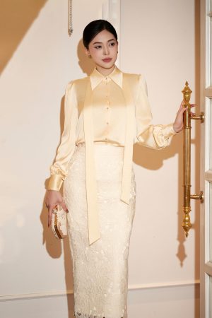 Champagne Tie Neck Satin Blouse