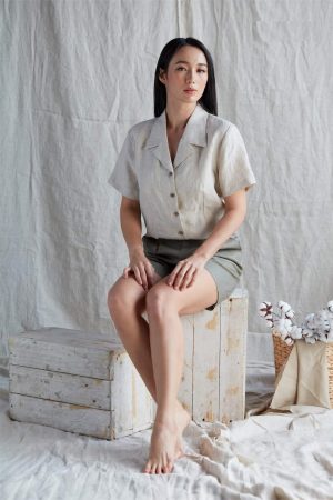 Light Beige Linen Short Sleeve Blouse