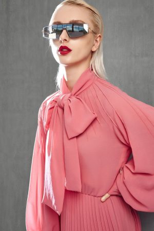 Pink Bow Tie Pleated Blouse
