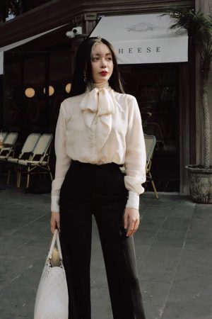 White Bow Tie Long Sleeve Blouse