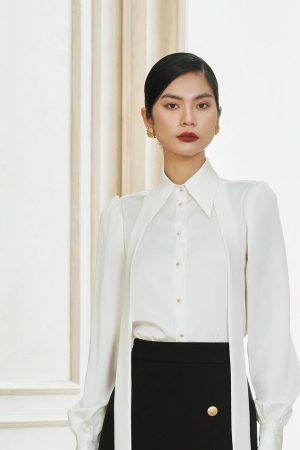 White High Collar Button-Up Blouse
