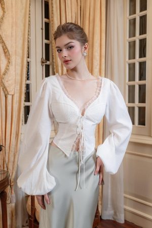 White Lace Trim Tie Front Blouse